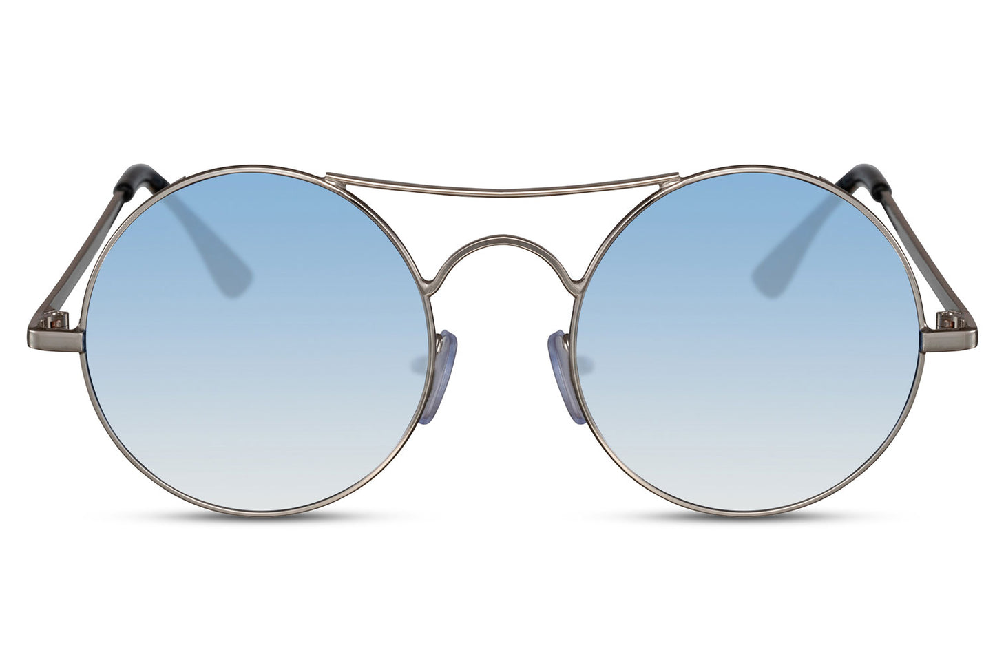 Tinted metal round sunglasses silver metal frame blue translucent lens lightweight 100% UV400 protection men women comfortable all-day travel-ready summer outdoor city beach free UK Europe shipping Sunglass Station