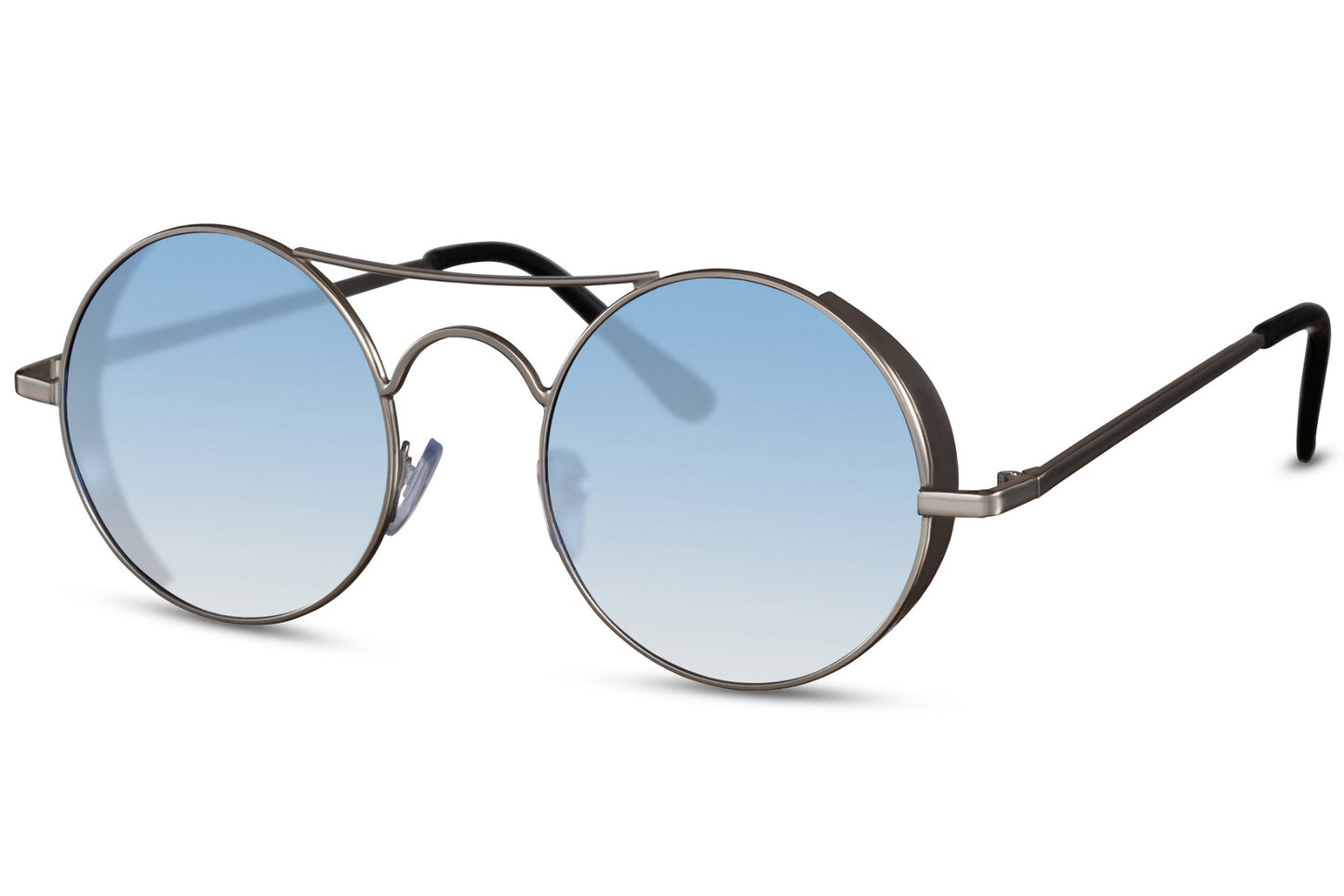 Tinted metal round sunglasses silver slim metal frame blue translucent lens retro vintage 100% UV400 protection men women lightweight everyday summer city beach free UK Europe delivery Sunglass Station