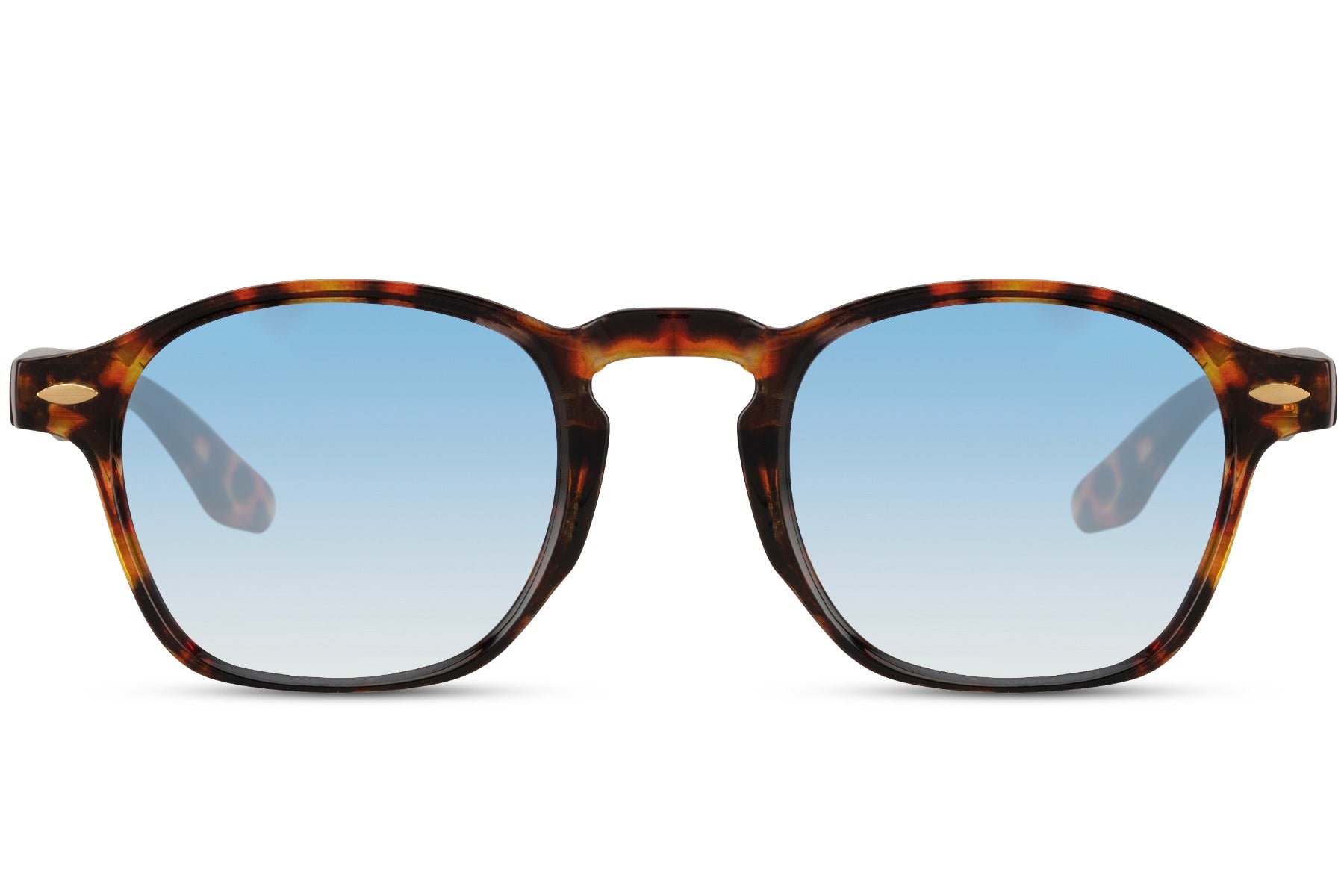Unisex tortoise shell wayfarer sunglasses with blue tinted lenses for casual summer outfits and travel