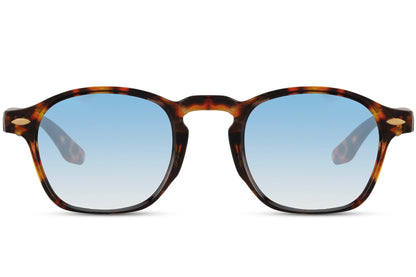 Unisex tortoise shell wayfarer sunglasses with blue tinted lenses for casual summer outfits and travel