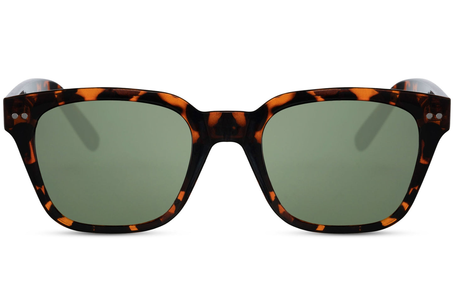 tortoiseshell wayfarer frames with green tinted lens at sunglass station