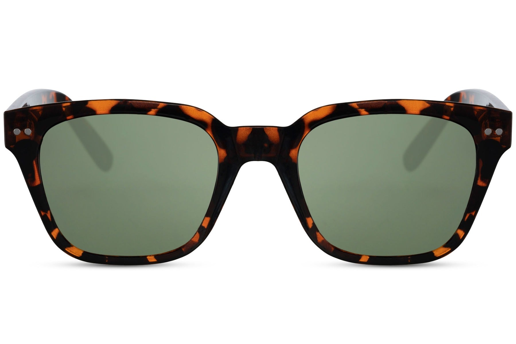 tortoiseshell wayfarer frames with green tinted lens at sunglass station