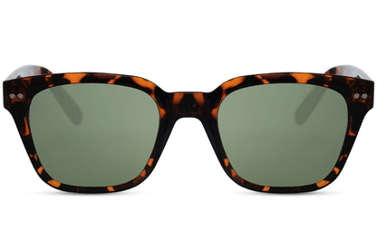 tortoiseshell wayfarer frames with green tinted lens at sunglass station