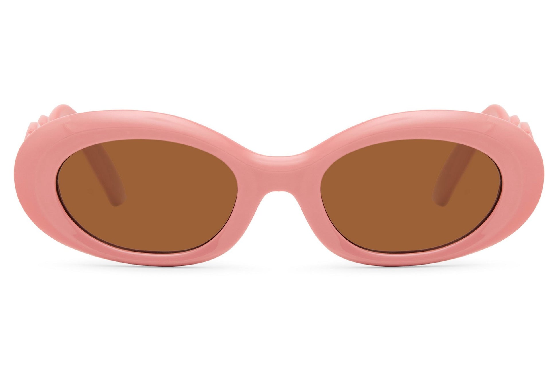 Coral pink frame oval party sunglasses with warm amber lens — Riviera colour-blocking at its most effortless, the warm-toned pairing that belongs on a St Tropez terrace or a Glastonbury afternoon, free shipping UK & Europe