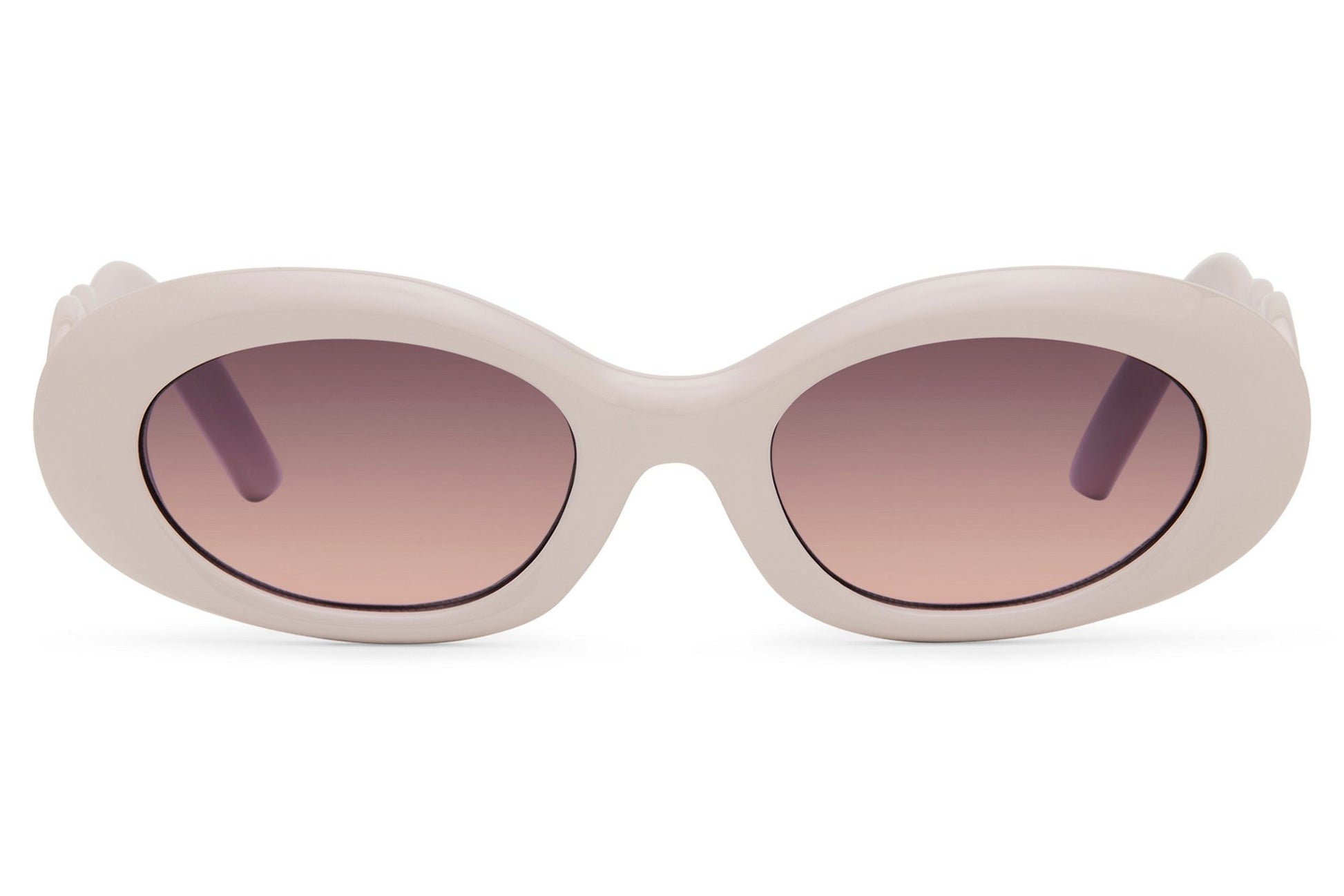Cream off-white frame oval party sunglasses with smoke gradient lens — tonal quiet luxury for women who know that understatement is its own kind of bold, 100% recycled polycarbonate | Sunglass Station