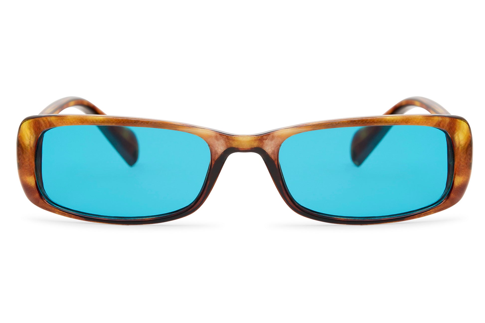 Tortoiseshell rectangle party sunglasses with vivid blue tinted lens — the colour pairing that defined European street style in 2026, slim retro silhouette in 100% recycled polycarbonate, UV400 protection