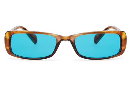 Tortoiseshell rectangle party sunglasses with vivid blue tinted lens — the colour pairing that defined European street style in 2026, slim retro silhouette in 100% recycled polycarbonate, UV400 protection