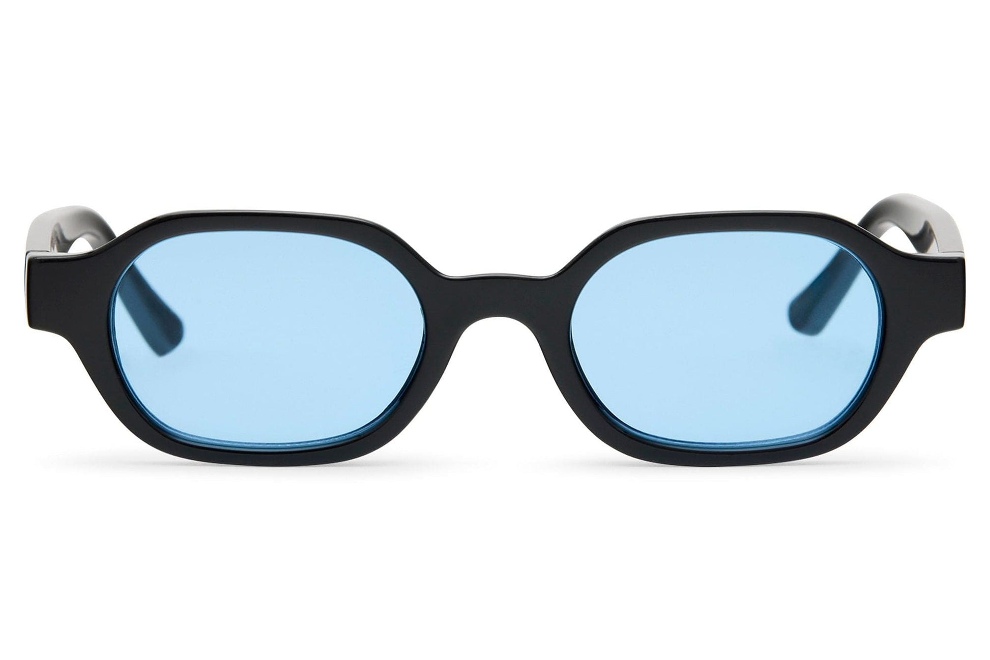 Unisex rectangle sunglasses for men and women with black recycled polyester frame and ice blue tinted polycarbonate lens – sleek retro Y2K rectangle shades for going out and everyday street style, Sunglass Station free UK and Europe shipping