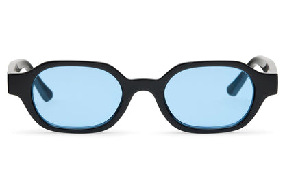 Unisex rectangle sunglasses for men and women with black recycled polyester frame and ice blue tinted polycarbonate lens – sleek retro Y2K rectangle shades for going out and everyday street style, Sunglass Station free UK and Europe shipping