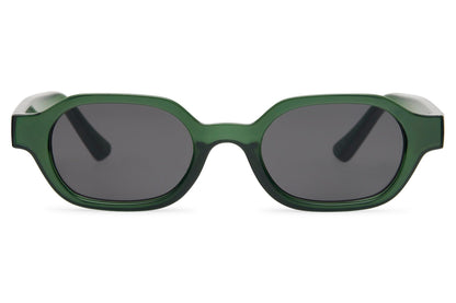 Unisex rectangle sunglasses for men and women with dark green recycled polyester frame and dark green polycarbonate lens – tone-on-tone sustainable retro rectangle shades for city wear and festivals, free delivery across UK and Europe from Sunglass Station