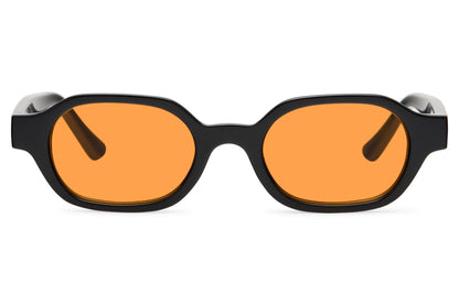Unisex rectangle sunglasses for men and women with tortoiseshell recycled polyester frame and orange amber tinted polycarbonate lens – bold retro Y2K rectangle shades for festivals and going out, Sunglass Station free UK and Europe delivery
