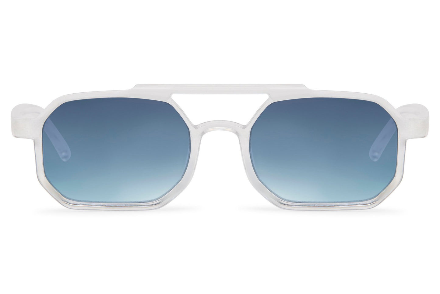 Eco modern rectangle sunglasses with blue lenses by Sunglass Station, sustainable unisex eyewear with a minimalist design and comfortable fit