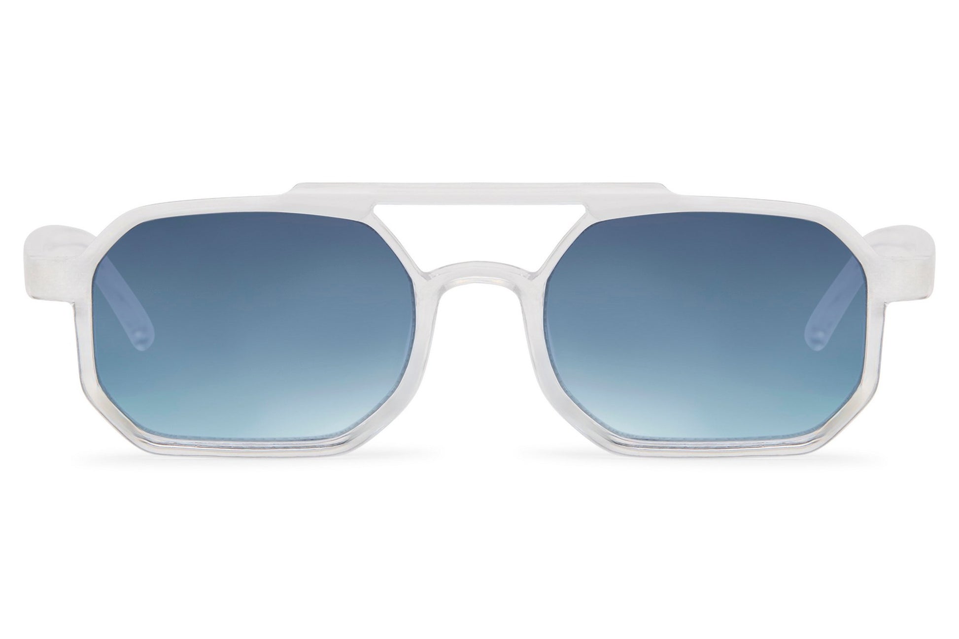 Eco modern rectangle sunglasses with blue lenses by Sunglass Station, sustainable unisex eyewear with a minimalist design and comfortable fit