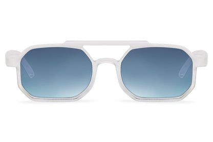 Eco modern rectangle sunglasses with blue lenses by Sunglass Station, sustainable unisex eyewear with a minimalist design and comfortable fit