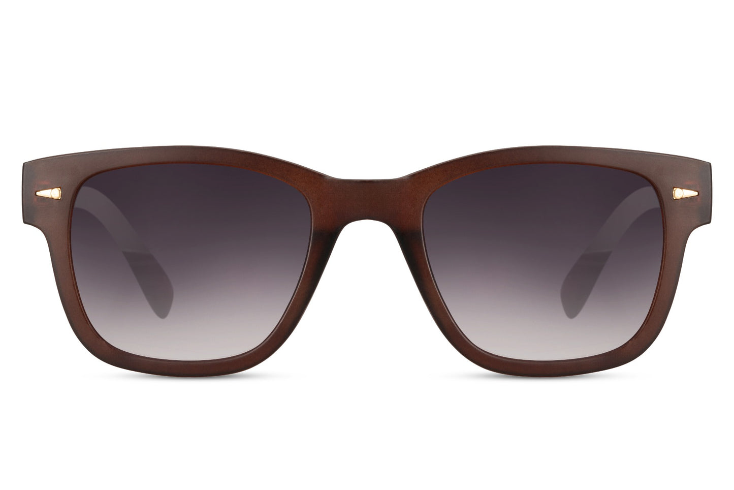 A pair of sunglasses with brown frames and dark lenses.
