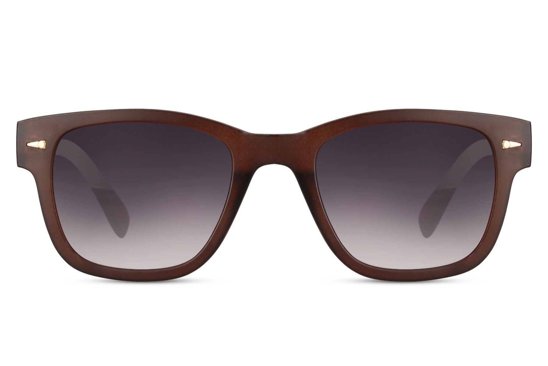 A pair of sunglasses with brown frames and dark lenses.