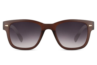 A pair of sunglasses with brown frames and dark lenses.