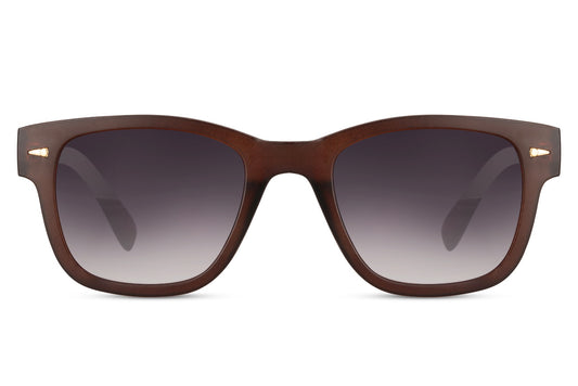 A pair of sunglasses with brown frames and dark lenses.