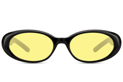 Europe oval eco sunglasses with black recycled polyester frame and yellow neon UV protection lens – bold statement retro round shades for festivals and going out, free delivery across UK and Europe from Sunglass Station
