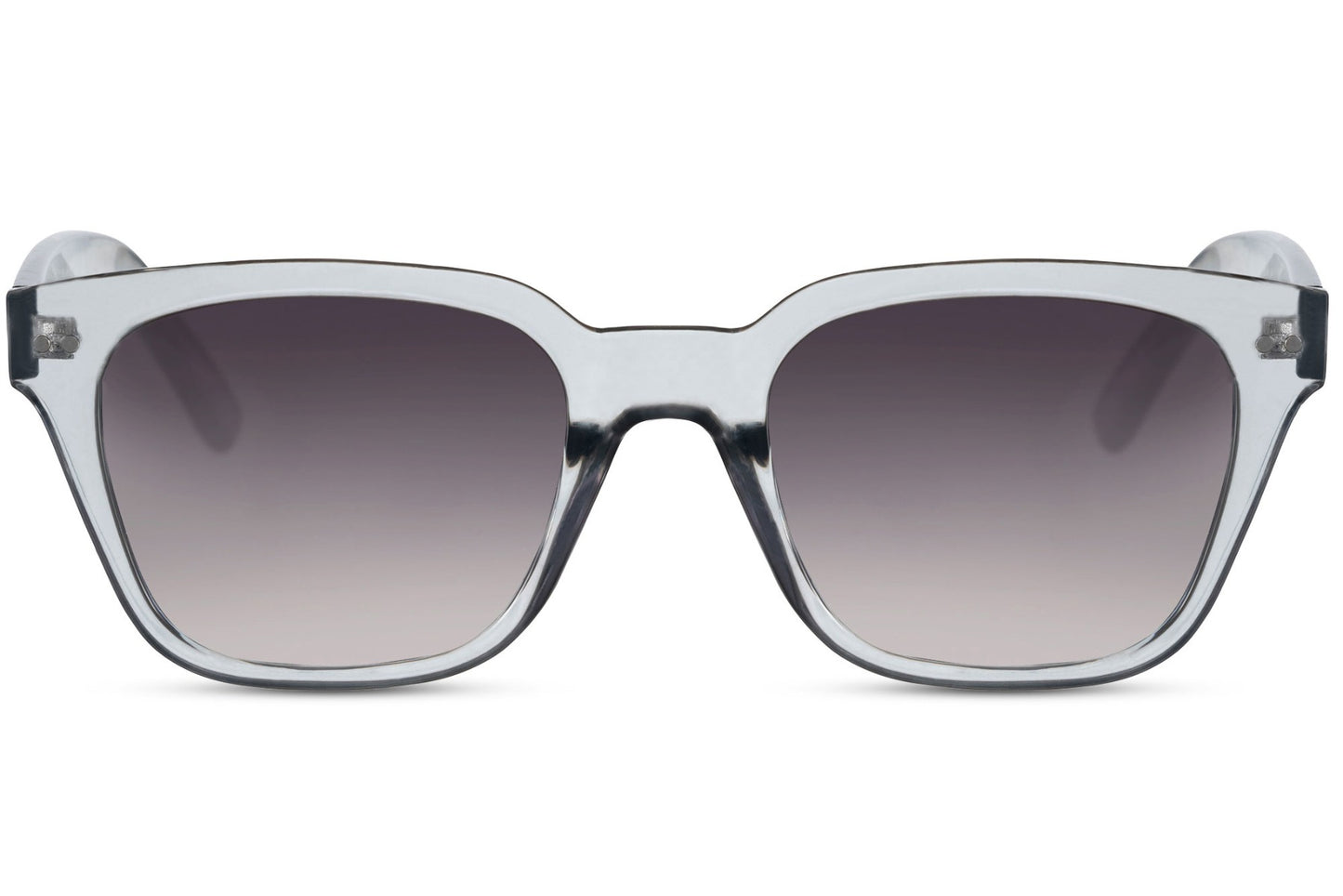 A pair of Wayfarer sunglasses with a silver frame. The lenses are dark-colored, likely to provide UV protection.