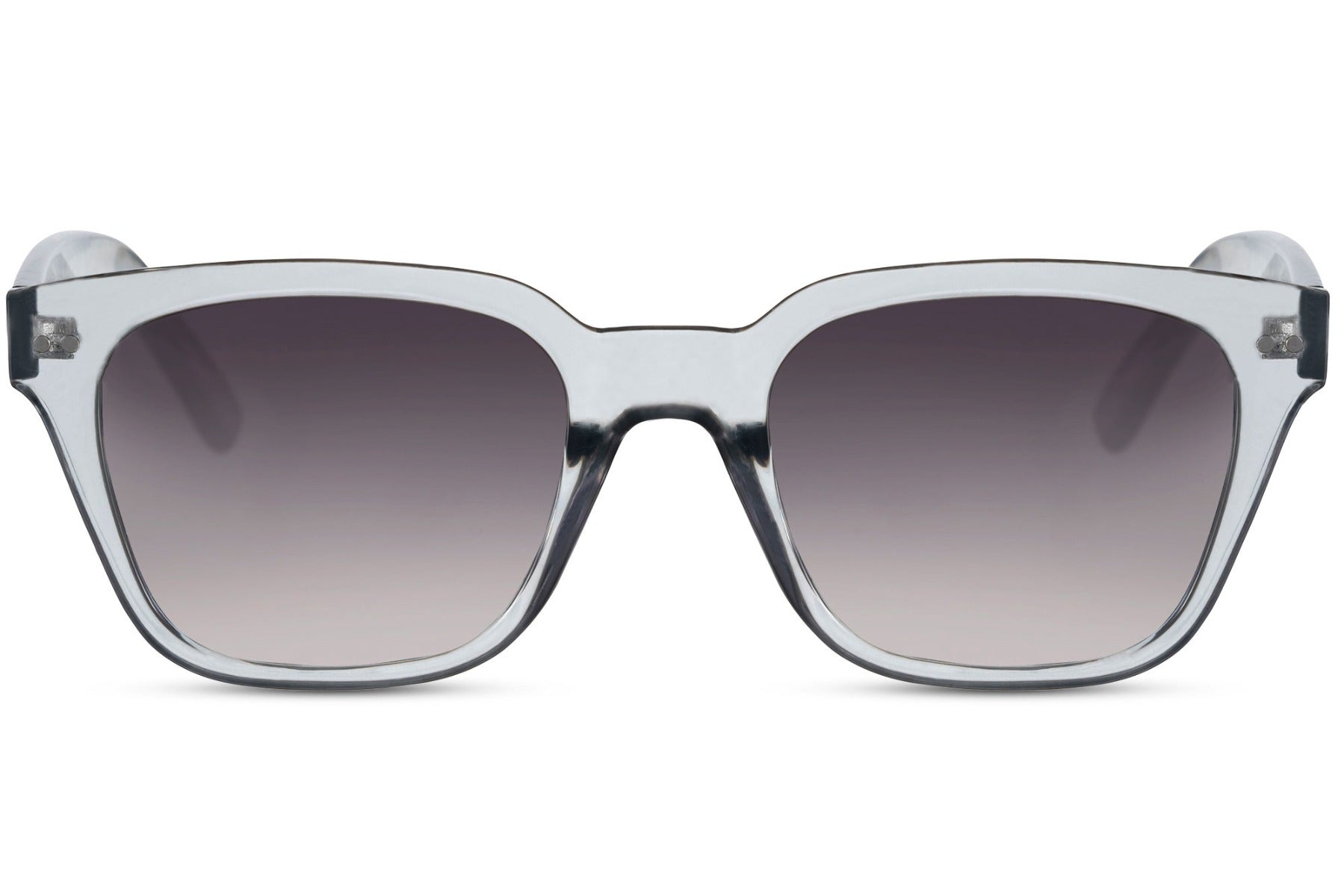 A pair of Wayfarer sunglasses with a silver frame. The lenses are dark-colored, likely to provide UV protection.