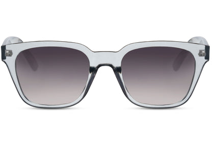 A pair of Wayfarer sunglasses with a silver frame. The lenses are dark-colored, likely to provide UV protection.