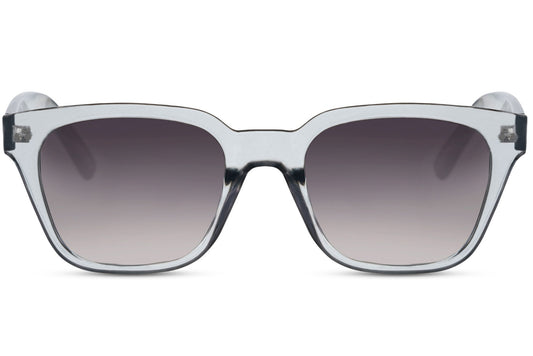 A pair of Wayfarer sunglasses with a silver frame. The lenses are dark-colored, likely to provide UV protection.