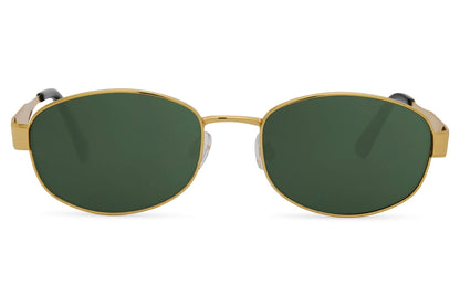 Vintage oval sunglasses for men and women with gold copper frame and dark green recycled rPMMA lens – retro luxe unisex shades inspired by 70s and 90s style, free delivery UK and Europe from Sunglass Station
