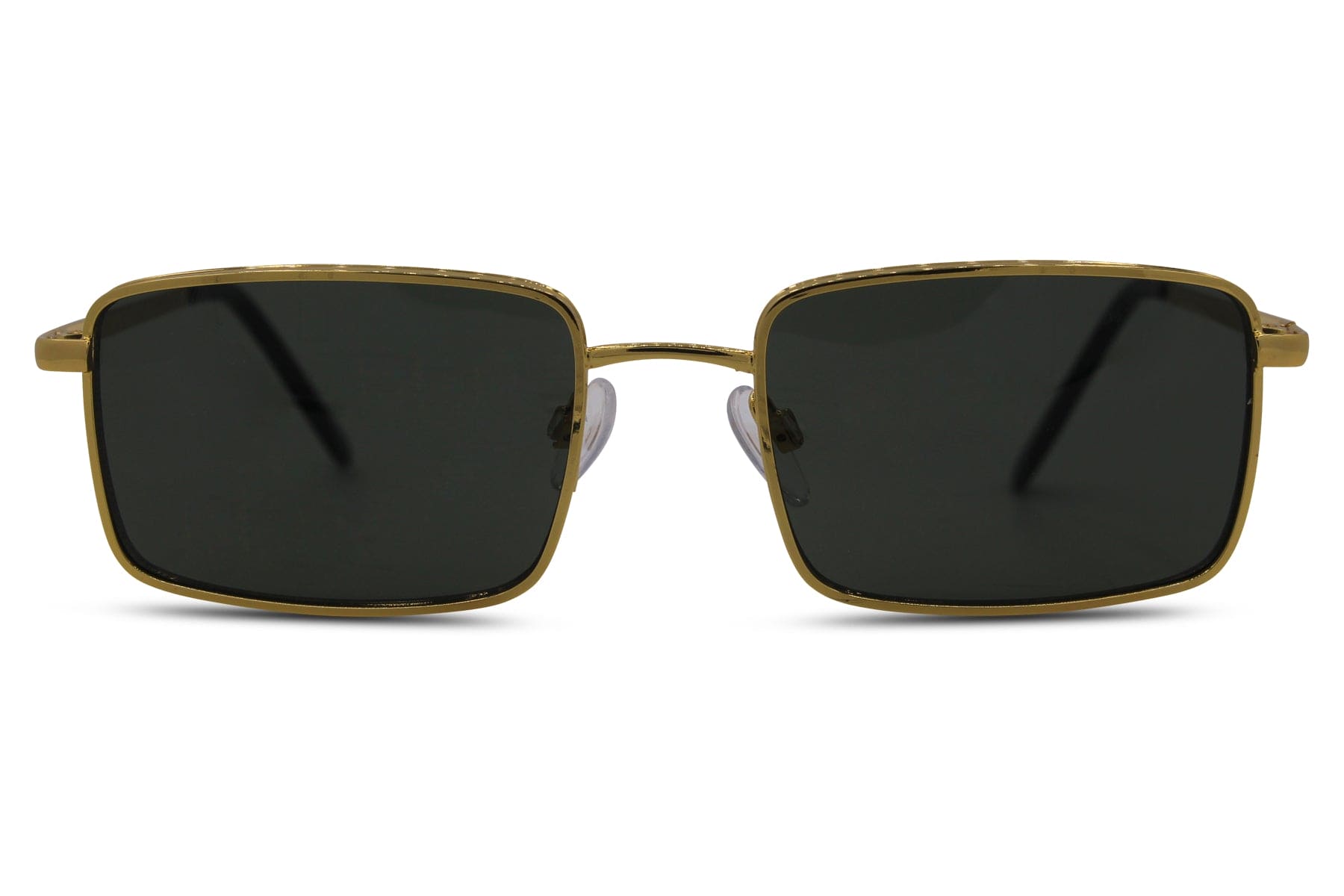 Vintage rectangle metal frame sunglasses for men with gold metal frame and dark green recycled lens – sustainable retro rectangle shades for city wear and going out, Sunglass Station free UK and Europe shipping
