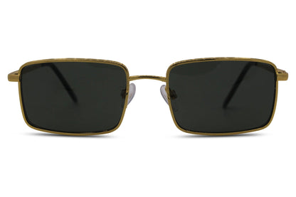 Vintage rectangle metal frame sunglasses for men with lightweight gold metal frame and dark green 100% recycled rPMMA lens – classic eco-friendly retro shades for smart casual wear and holidays, free delivery across UK and Europe from Sunglass Station