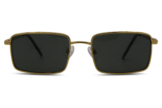 Vintage rectangle metal frame sunglasses for men with gold lightweight metal frame and dark green 100% recycled rPMMA lens – eco-friendly retro rectangle shades for everyday city wear and travel, free delivery across UK and Europe from Sunglass Station