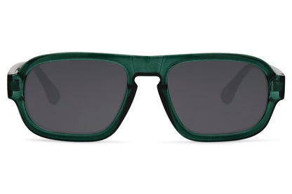 Vintage rectangle sunglasses for men with dark green polycarbonate frame and smoke green lens – tone-on-tone retro rectangle shades for festivals and summer city wear, free delivery across UK and Europe from Sunglass Station