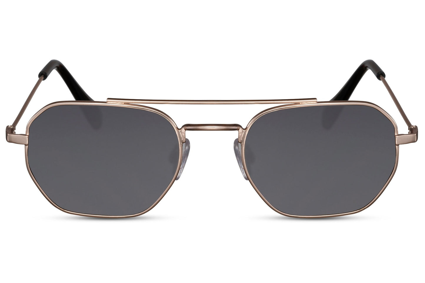 A pair of square-shaped sunglasses with a metallic frame and tinted lenses, featuring a design reminiscent of vintage-style eyewear.