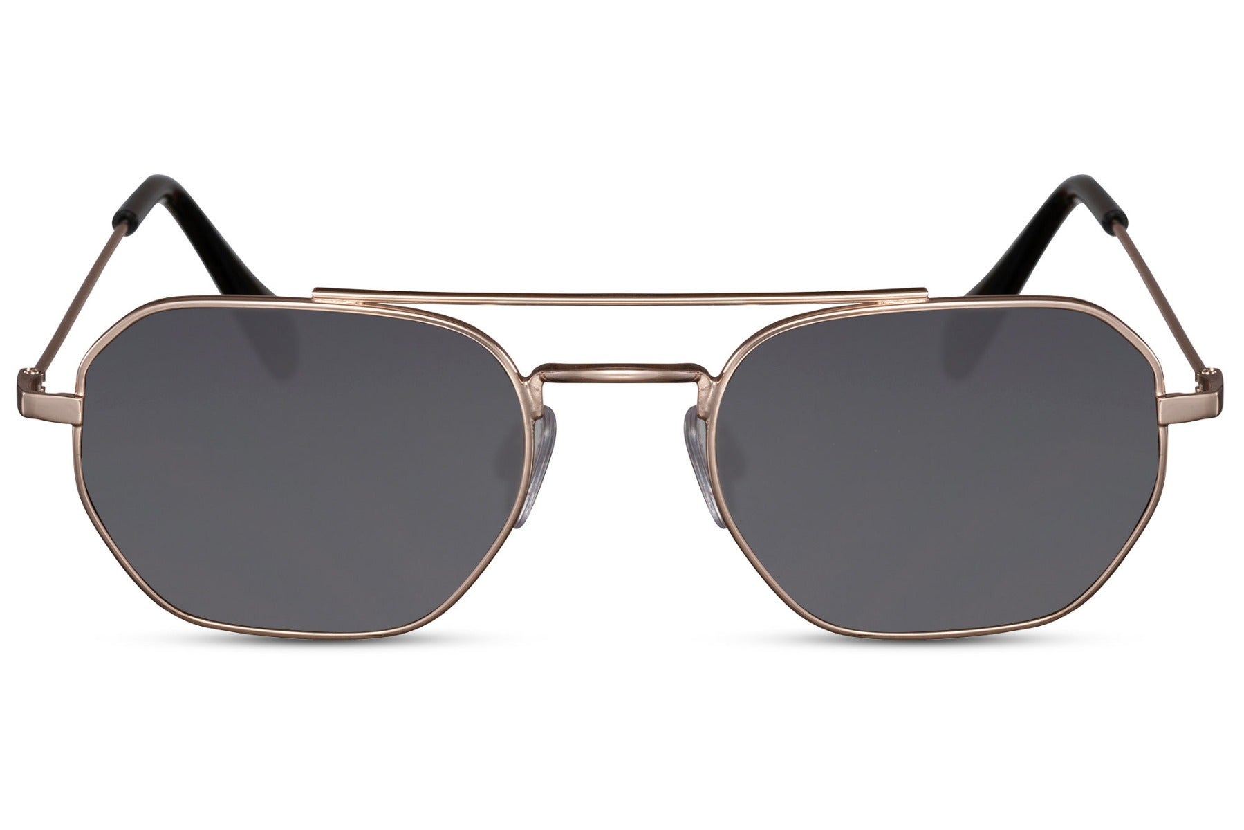 A pair of square-shaped sunglasses with a metallic frame and tinted lenses, featuring a design reminiscent of vintage-style eyewear.