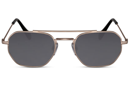 A pair of square-shaped sunglasses with a metallic frame and tinted lenses, featuring a design reminiscent of vintage-style eyewear.