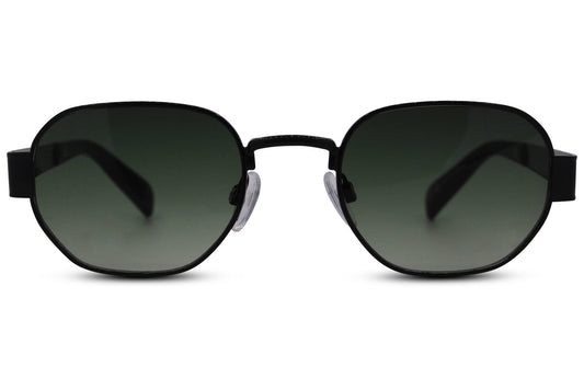vintage style sunglasses with black metallic frame and green lens