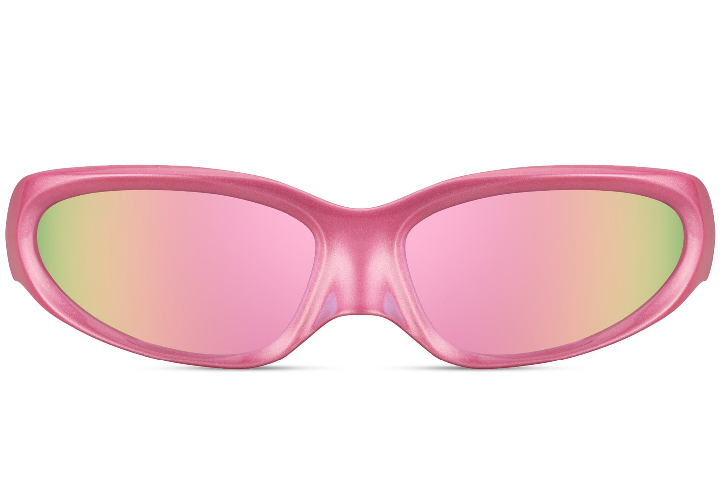 Pink frame visor party sunglasses with rainbow mirror lens — full-spectrum festival energy for women and men who never do things quietly, the colour-shifting lens that photographs differently in every light | Sunglass Station