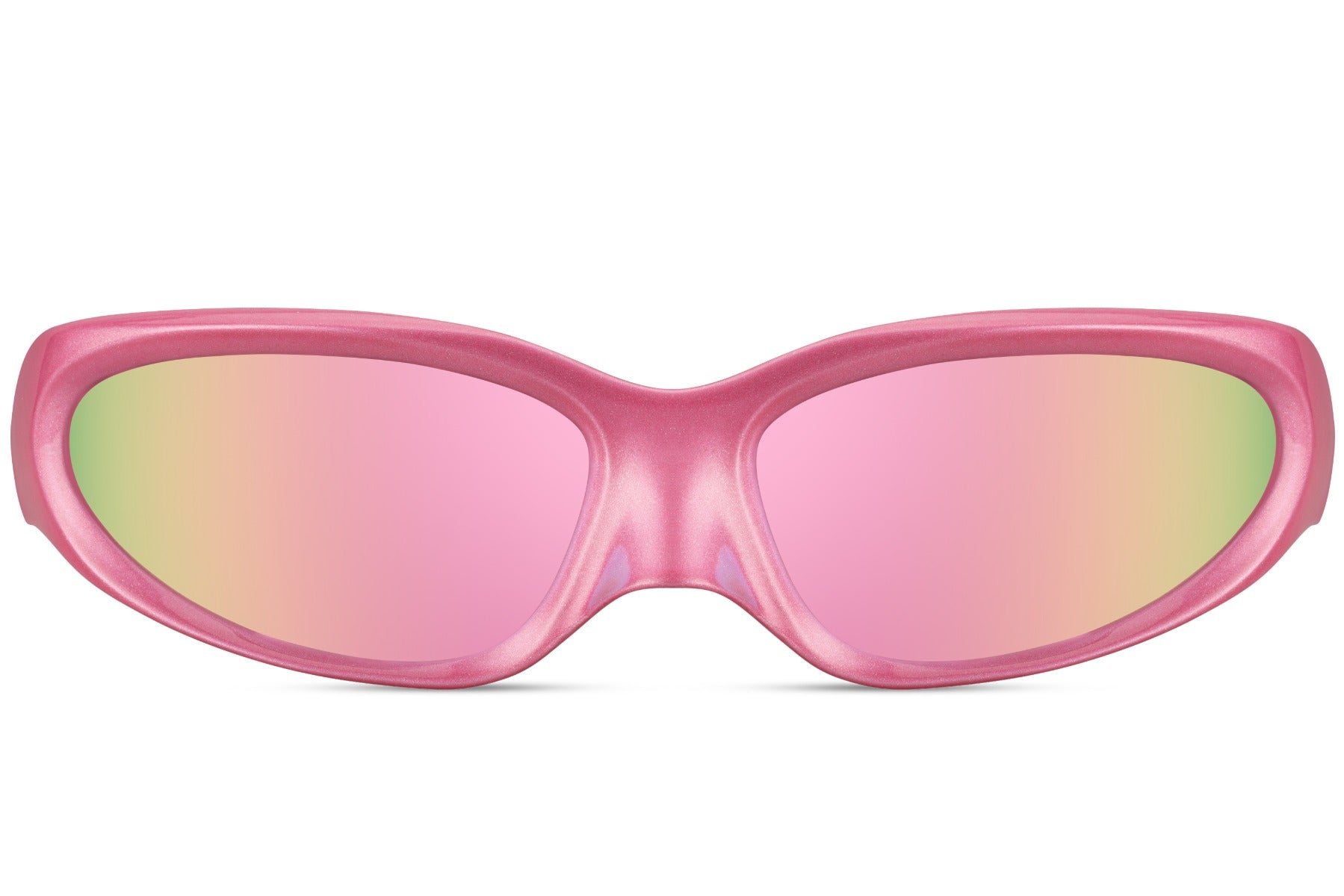Pink frame visor party sunglasses with rainbow mirror lens — full-spectrum festival energy for women and men who never do things quietly, the colour-shifting lens that photographs differently in every light | Sunglass Station