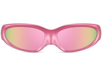 Pink frame visor party sunglasses with rainbow mirror lens — full-spectrum festival energy for women and men who never do things quietly, the colour-shifting lens that photographs differently in every light | Sunglass Station