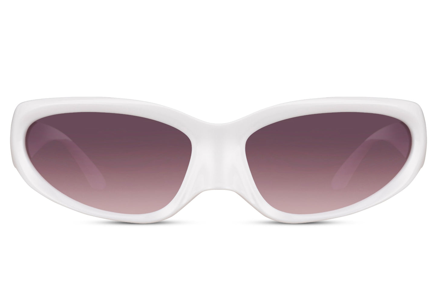 White frame visor party sunglasses with deep mauve purple lens — bold chromatic statement for men and women who dress for the moment not the occasion, free delivery across UK & Europe