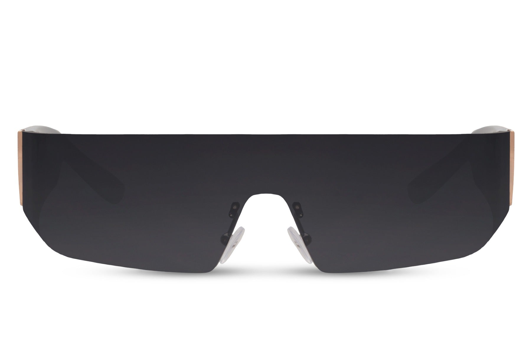 black shield visor sports party sunglasses — 15cm wide single-lens coverage in lightweight polycarbonate, bold festival and nightlife eyewear for men and women who make the entrance before they say a word | Sunglass Station