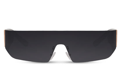black shield visor sports party sunglasses — 15cm wide single-lens coverage in lightweight polycarbonate, bold festival and nightlife eyewear for men and women who make the entrance before they say a word | Sunglass Station