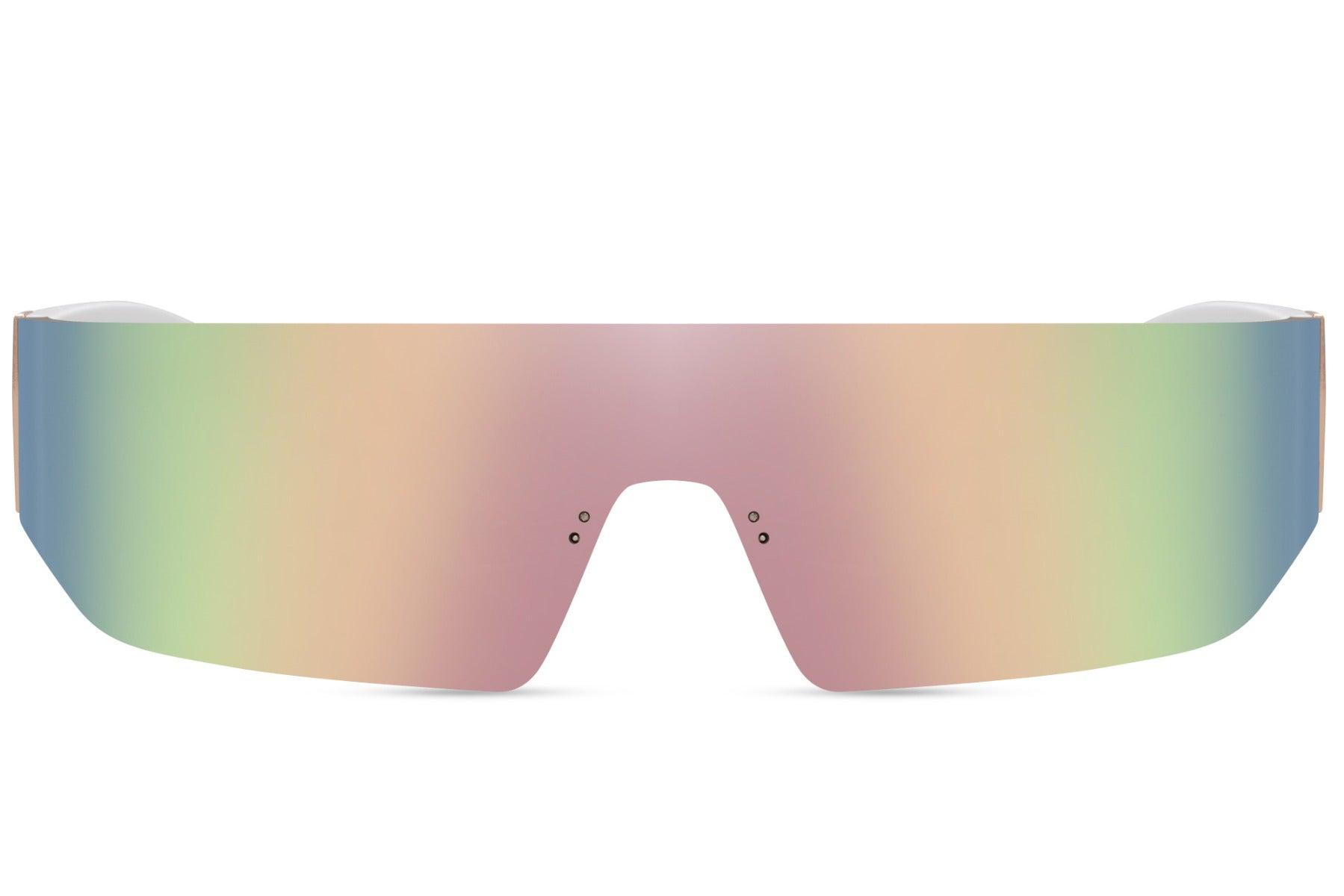 Rainbow mirror lens visor sports party sunglasses — colour-shifting single-lens shield for festival season, the iridescent visor that photographs differently in every light and belongs at every outdoor party from Glastonbury to Sonar, UV400
