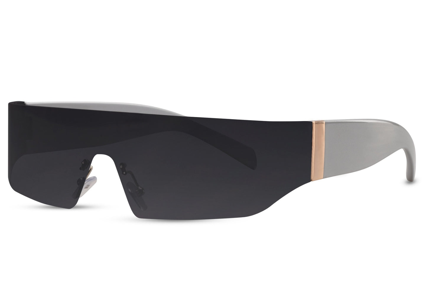 Silver frame visor sports party sunglasses with black lens — the shield silhouette in its most chrome-coded form, futuristic unisex eyewear for men and women who dress at the intersection of sport and fashion, free delivery UK & Europe