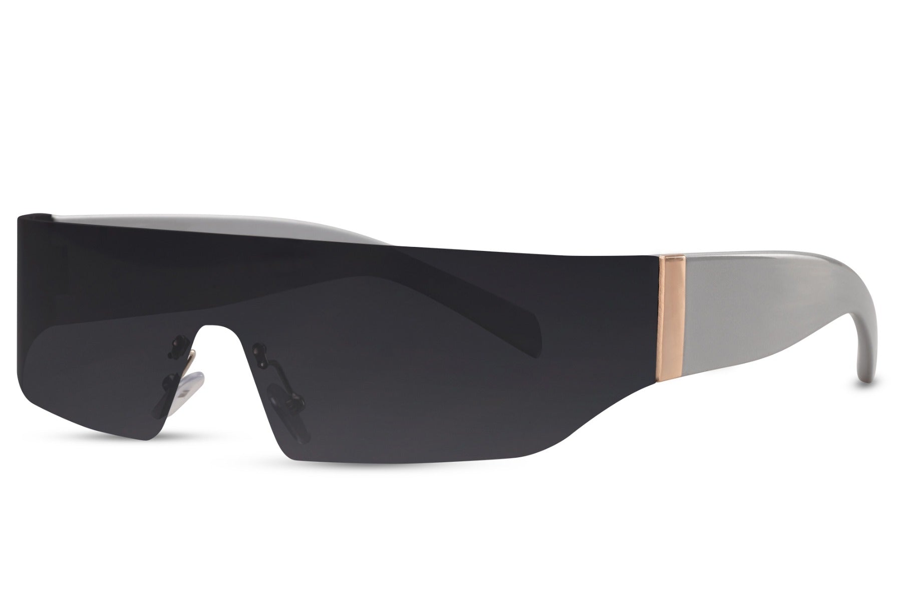 Silver frame visor sports party sunglasses with black lens — the shield silhouette in its most chrome-coded form, futuristic unisex eyewear for men and women who dress at the intersection of sport and fashion, free delivery UK & Europe