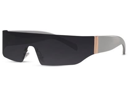 Silver frame visor sports party sunglasses with black lens — the shield silhouette in its most chrome-coded form, futuristic unisex eyewear for men and women who dress at the intersection of sport and fashion, free delivery UK & Europe