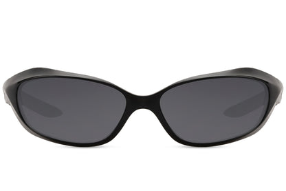 black frame visor wrap party sunglasses — architectural boho crossover eyewear for men and women, the wrap silhouette that moves from beach clubs to rooftop bars without changing pace, free delivery UK & Europe