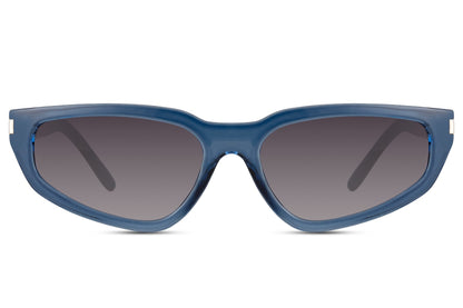 Blue frame visor wrap party sunglasses with blue mirror lens — chromatic street-level energy for men and women, the mirror lens that belongs on the Amsterdam canal circuit and every open-air festival between here and Barcelona | Sunglass Station