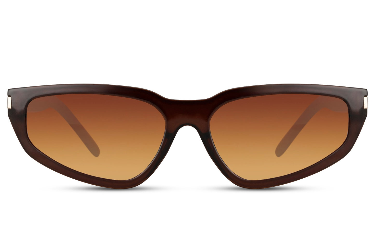 Cognac brown visor wrap party sunglasses with warm amber lens — Mediterranean warmth in a sleek wrap silhouette, the amber lens that filters coastal light from the Amalfi to the Algarve with quiet authority | Sunglass Station
