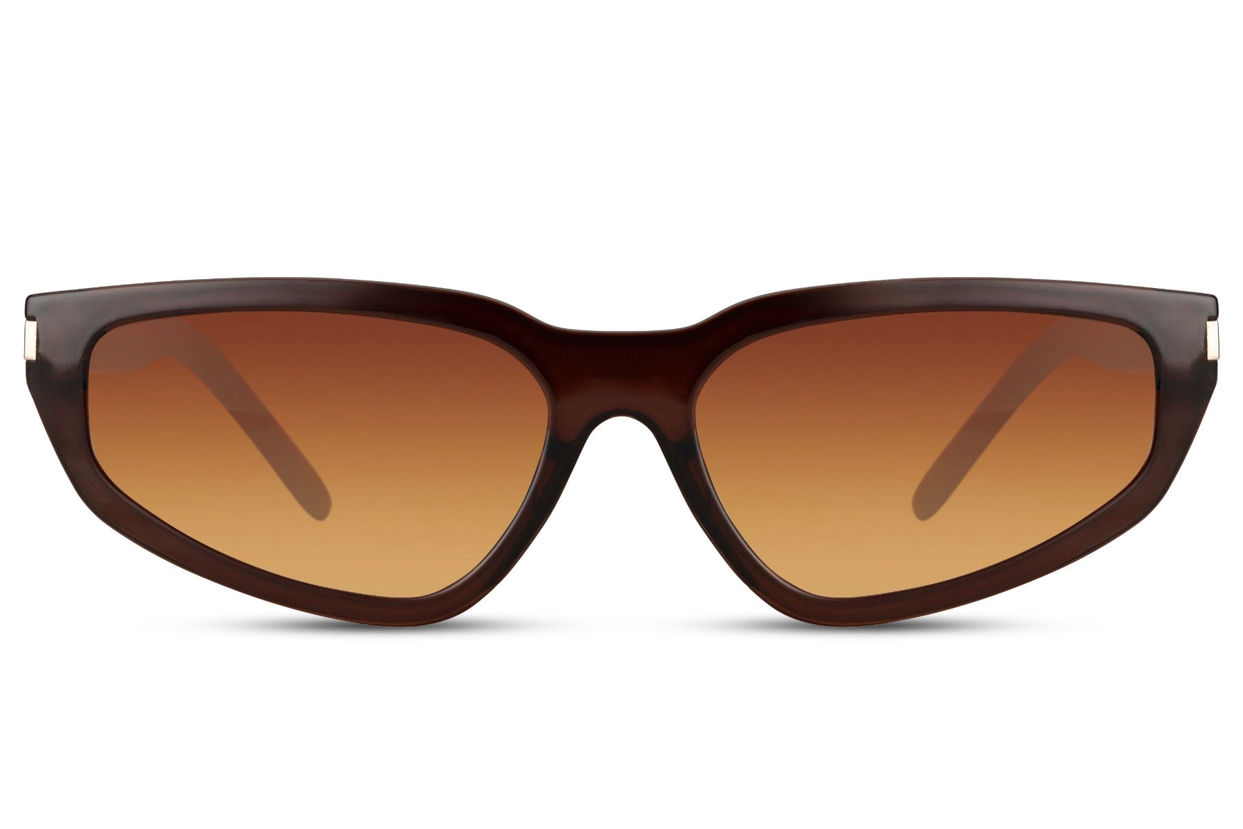 Cognac brown visor wrap party sunglasses with warm amber lens — Mediterranean warmth in a sleek wrap silhouette, the amber lens that filters coastal light from the Amalfi to the Algarve with quiet authority | Sunglass Station
